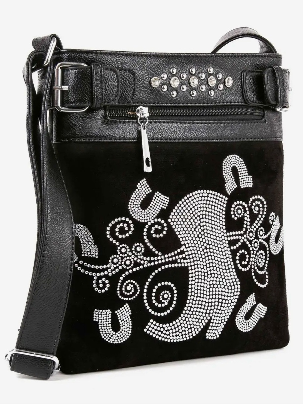 Black Studded Crossbody Bag with Crystal Horse Motif